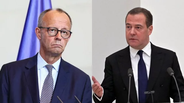 German Chancellor Friedrich Merz and Russian Security Council Deputy Chairman Dmitry Medvedev