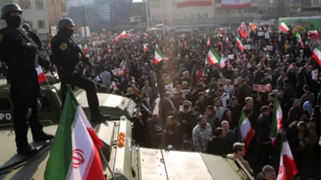 Government supporters rally on the streets of Iran amid ongoing nationwide protests and political unrest.