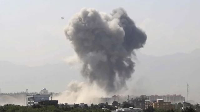 Explosion aftermath in Kabul’s Shah-e-Naw area with damaged buildings and security forces on site