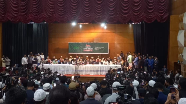 11 party political alliance press conference announcing seat sharing for Bangladesh national election