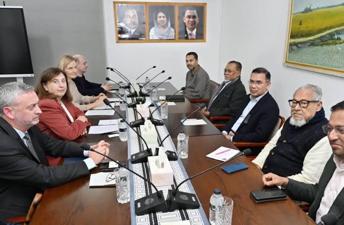 BNP Acting Chairman Tarique Rahman speaking at a party meeting in Dhaka
