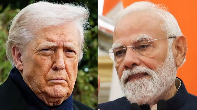 U.S. President Donald Trump and Indian Prime Minister Narendra Modi amid reports of a proposed 500 percent tariff on countries buying Russian oil, including India.