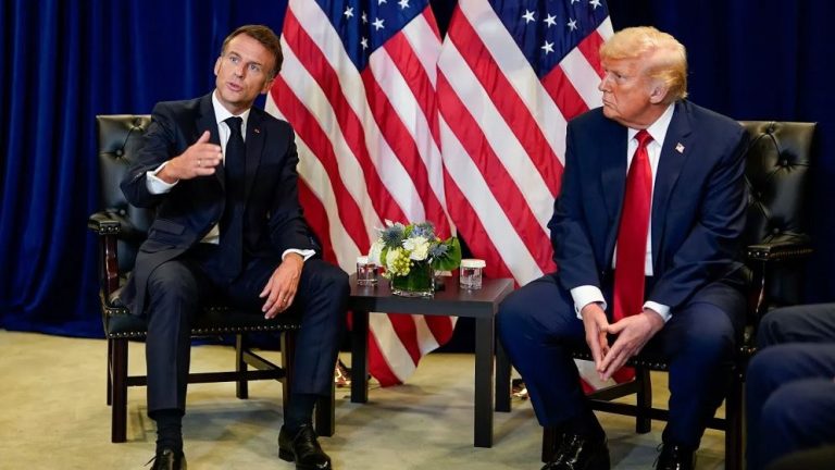 Donald Trump speaking to reporters while warning French President Emmanuel Macron over tariffs and global politics.