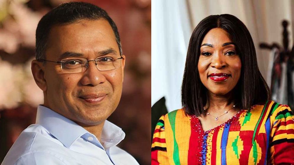 Commonwealth Secretary General Shirley Botchwey congratulating BNP Chairman Tarek Rahman for election victory in Bangladesh