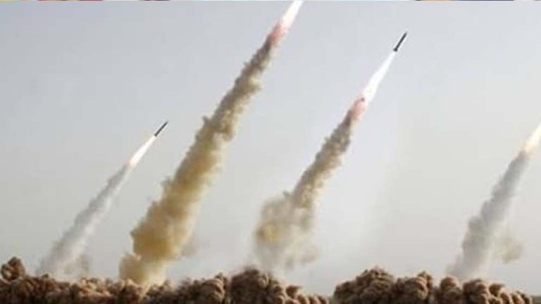 Missiles and drones launched during Iran attack toward Israel with air defense systems intercepting in the sky